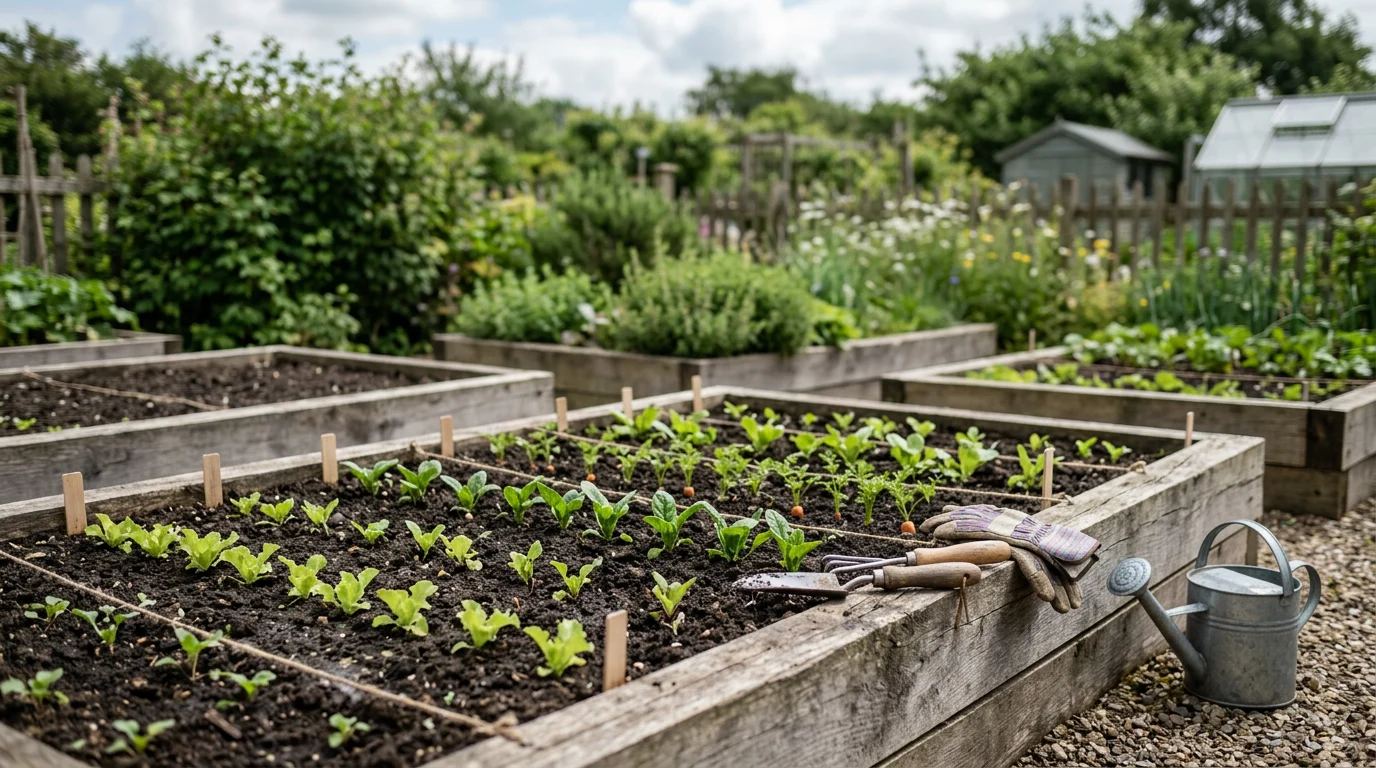 작은 텃밭에 줄지어 심긴 모종과 단정한 화단. 배움과 루틴을 떠올리게 하는 정원 풍경.
