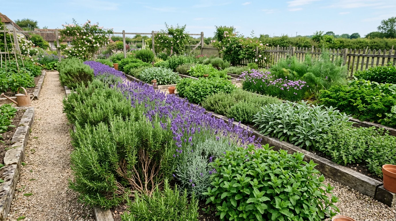 허브와 향초가 줄지어 자란 텃밭. 서로 다른 주제를 다루는 다양함을 상징.