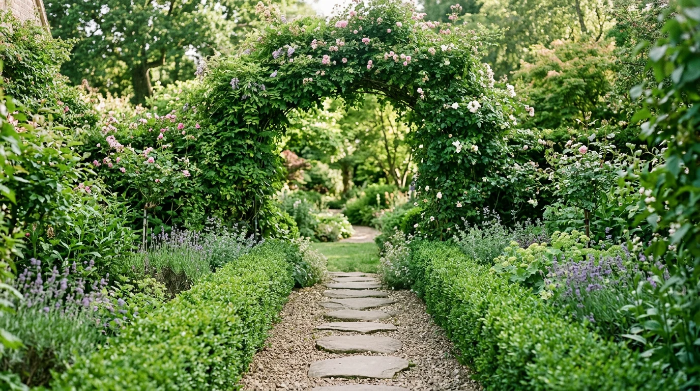 낮은 생울타리 사이로 이어지는 디딤돌과 초록 아치. 첫 걸음과 초기 방문을 상징.