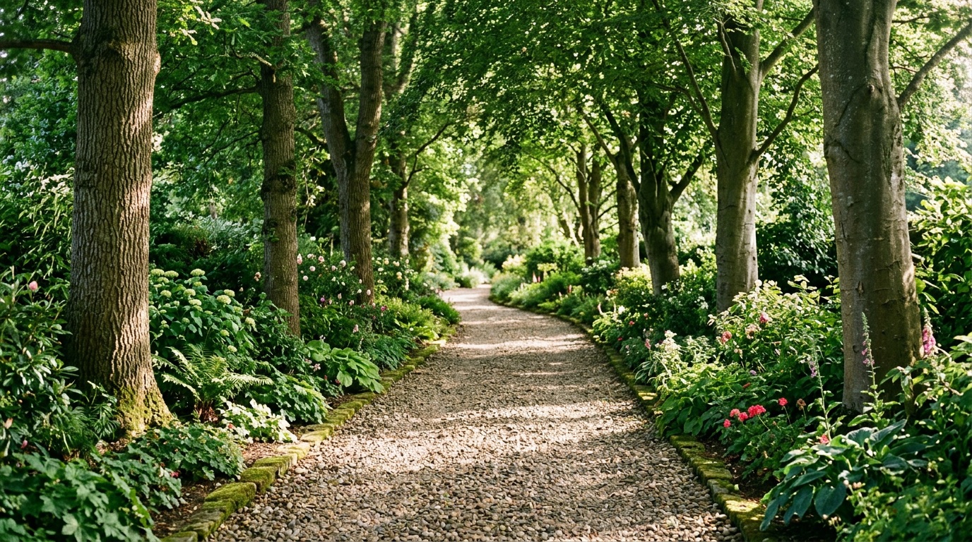 나무 그늘과 산책로가 이어지는 평온한 정원