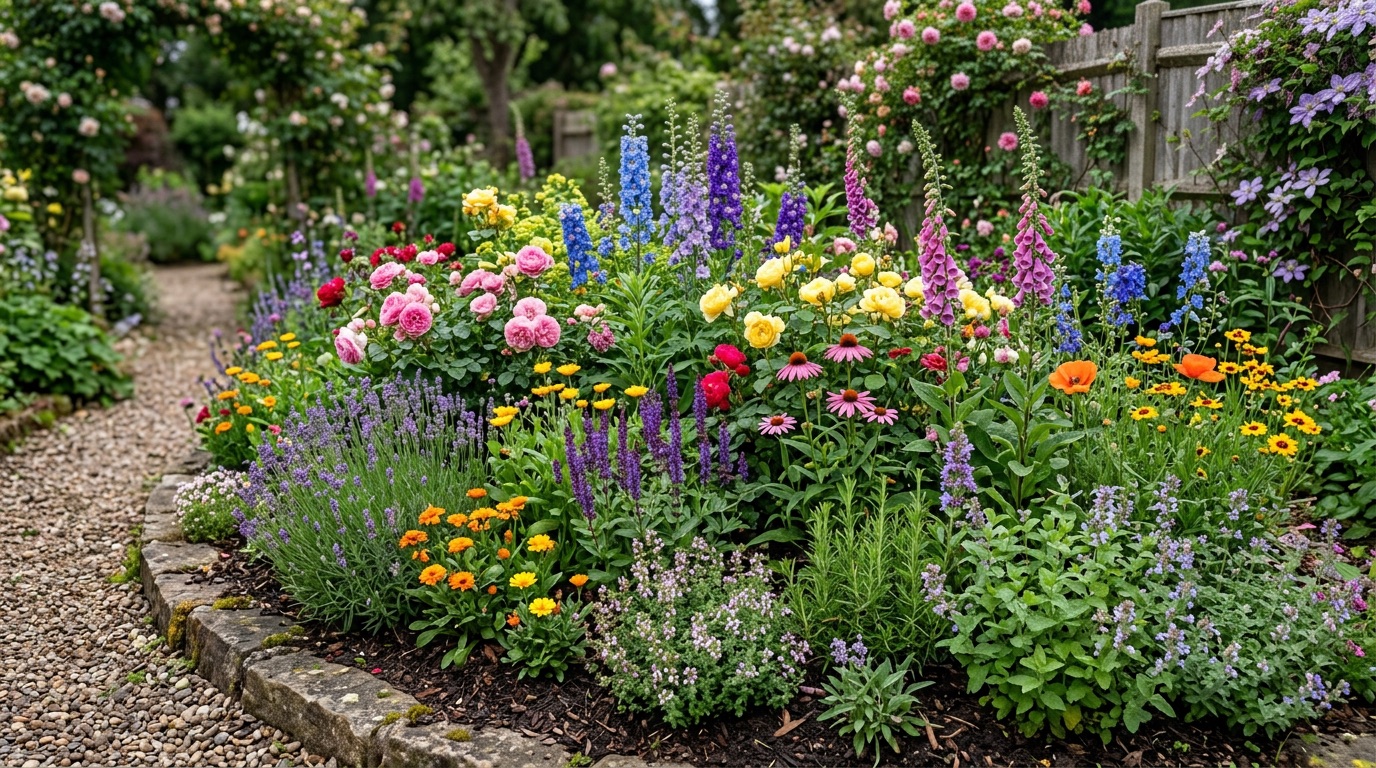 한 화단에 서로 다른 식물이 함께 자라는 모습, 포괄적 돌봄을 상징