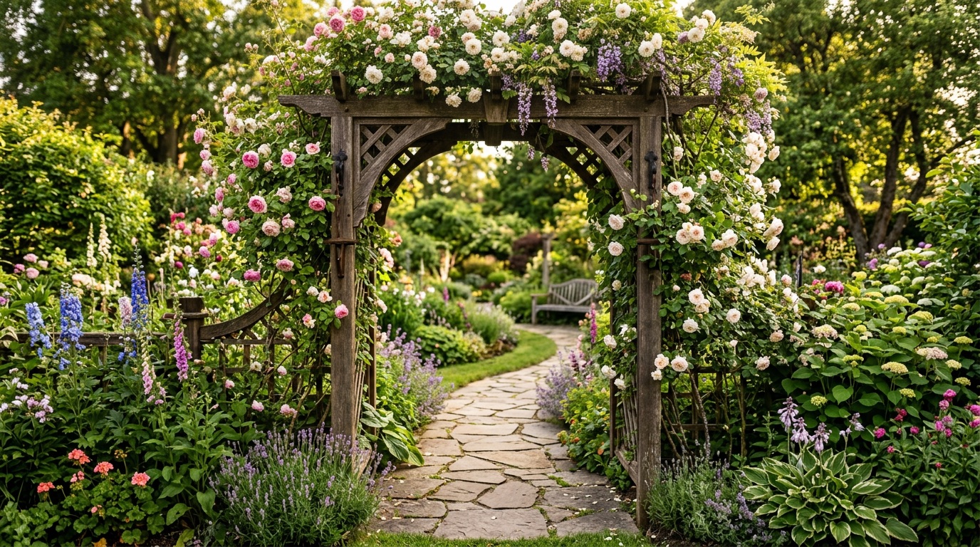 덩굴 아치와 초대하는 정원 길, 따뜻한 환영의 풍경