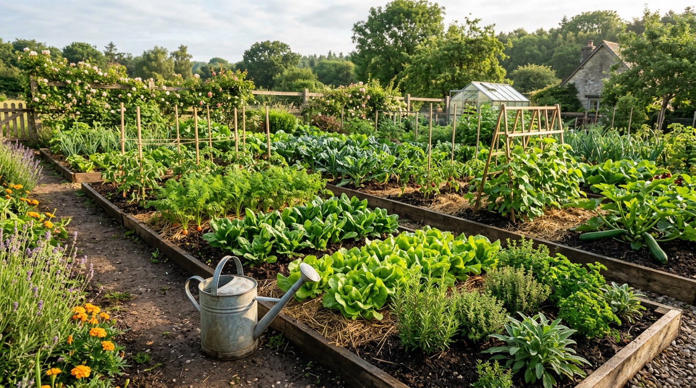 잘 가꿔진 텃밭과 도구가 놓인 책임과 돌봄을 상징하는 정원 풍경
