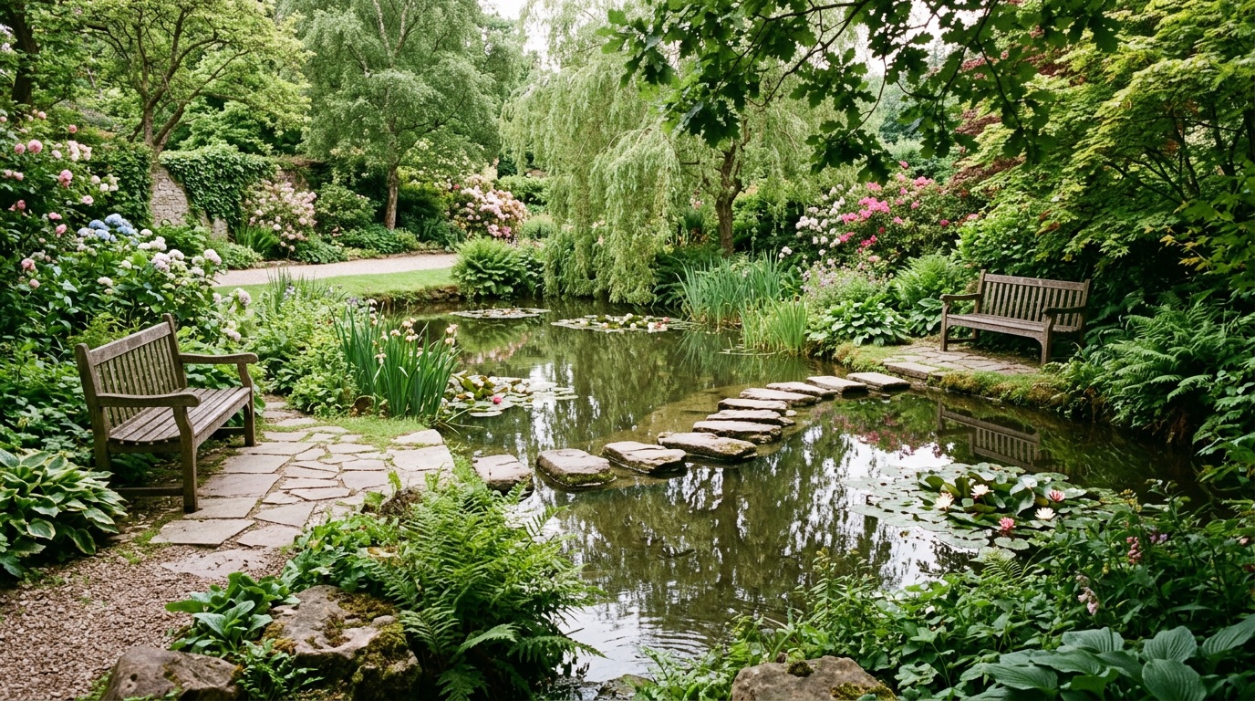 연못과 벤치가 마주 보이는 정원에서 신뢰와 대화를 떠올리게 하는 풍경