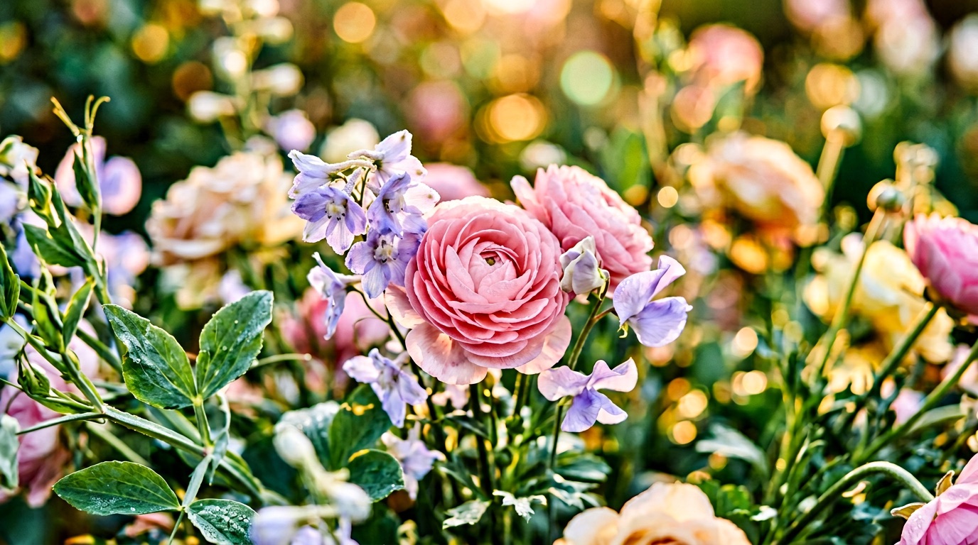 부드러운 빛 아래 피어 있는 꽃과 잎이 어우러진 다정하고 인간적인 장면