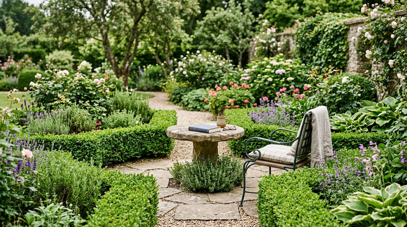 정돈된 화단과 독서용 정원 공간에서 느껴지는 차분하고 전문적인 분위기
